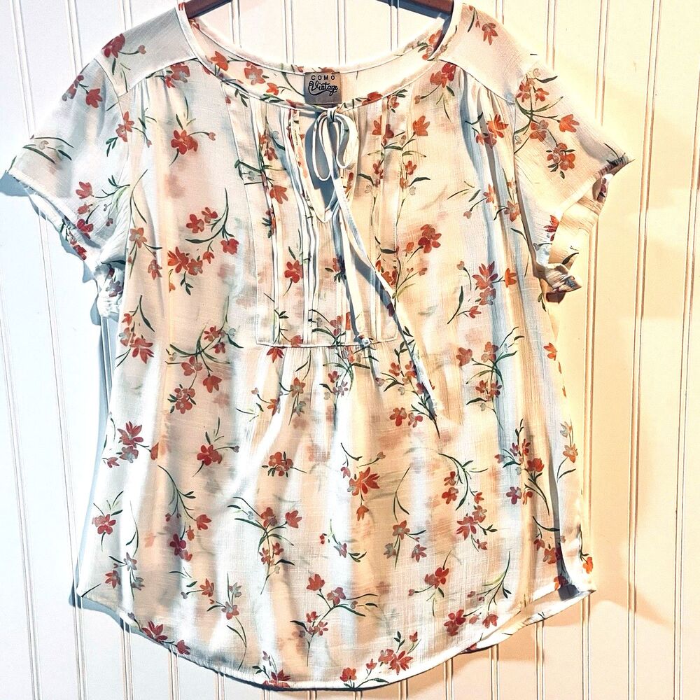 Como Vintage Women’s Pink Floral Pin Tuck Peasant Boho Blouse Short Sleeves XL